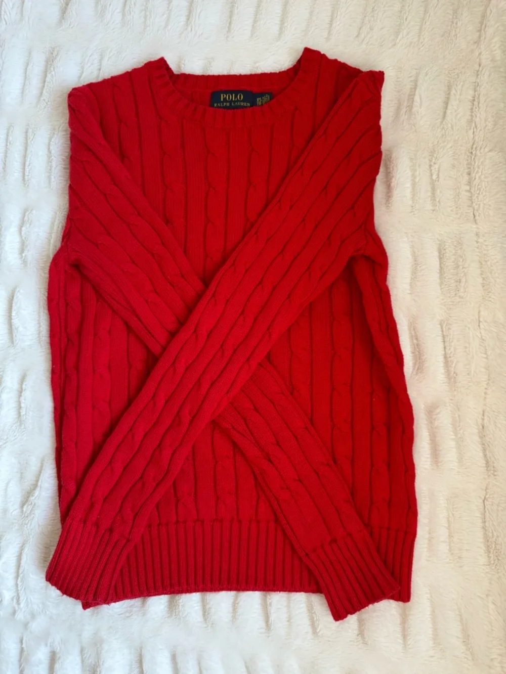 Polo by Ralph Lauren Red Cable Knit Crewneck Sweater with Navy Pony - Picture 4 of 5